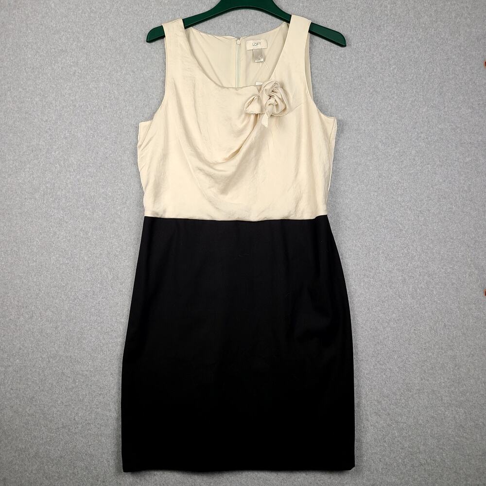NWT LOFT Colorblock Sheath Dress - Cream & Black‎ - Size 14 - Rosette Detail